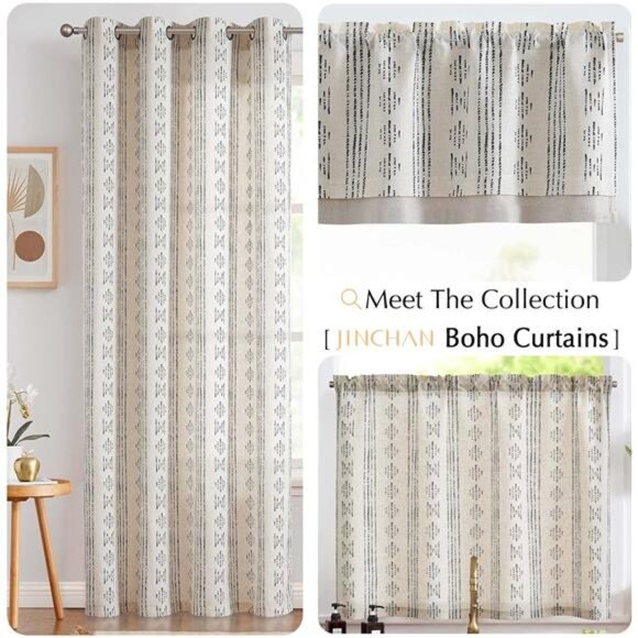 Boho Kitchen Curtain Linen Tier Curtain Bohemian Cafe 36 Inch Geometric Striped - Picture 7 of 8